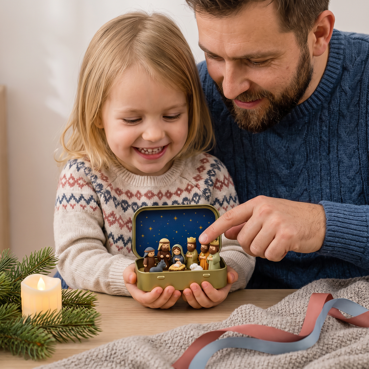 Miniaturowa szopka bożonarodzeniowa w pudełku – ręcznie malowany zestaw figurek bożonarodzeniowych