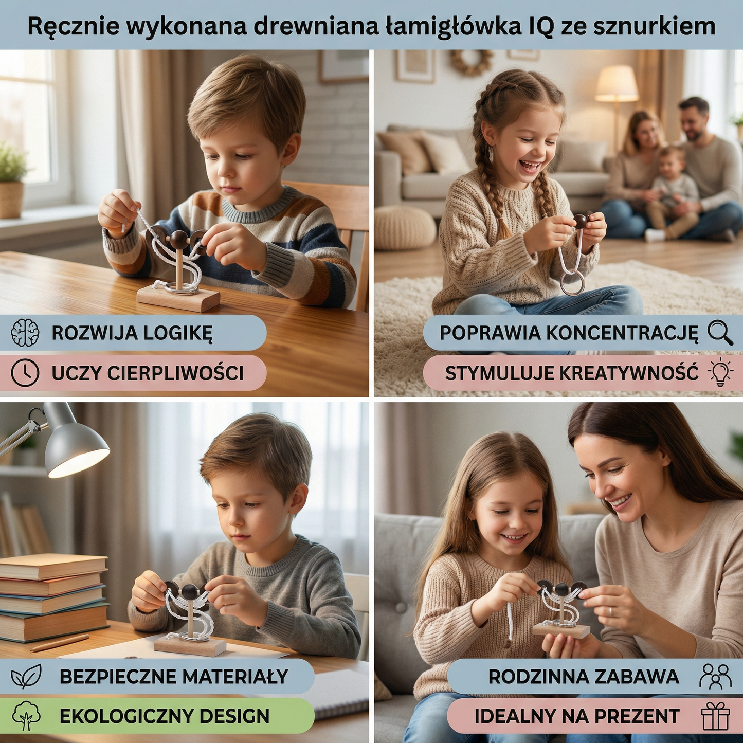 Ręcznie wykonana drewniana łamigłówka IQ ze sznurkiem – gra logiczna dla całej rodziny