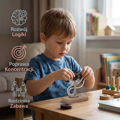 Ręcznie wykonana drewniana łamigłówka IQ ze sznurkiem – gra logiczna dla całej rodziny