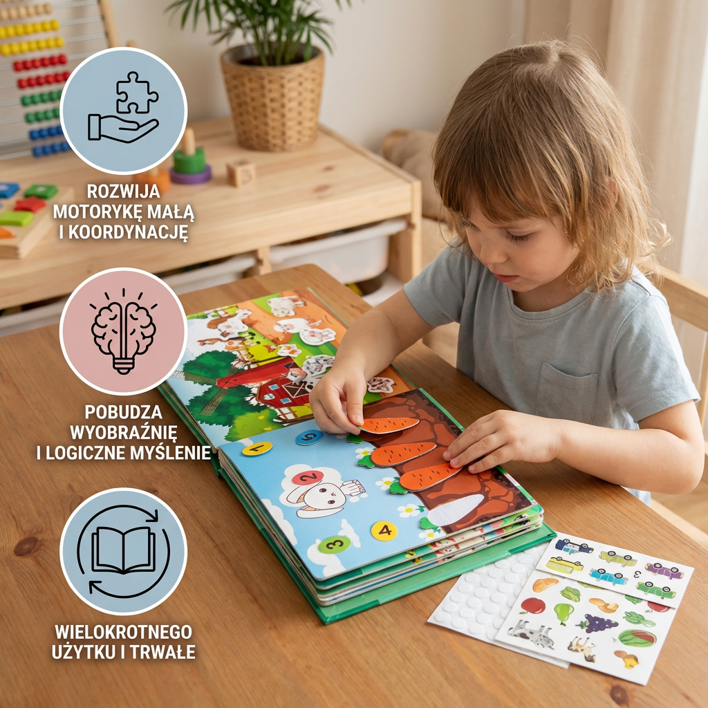 Książka ze stickerami Montessori dla dzieci – wielokrotnego użytku książka edukacyjna i aktywizująca