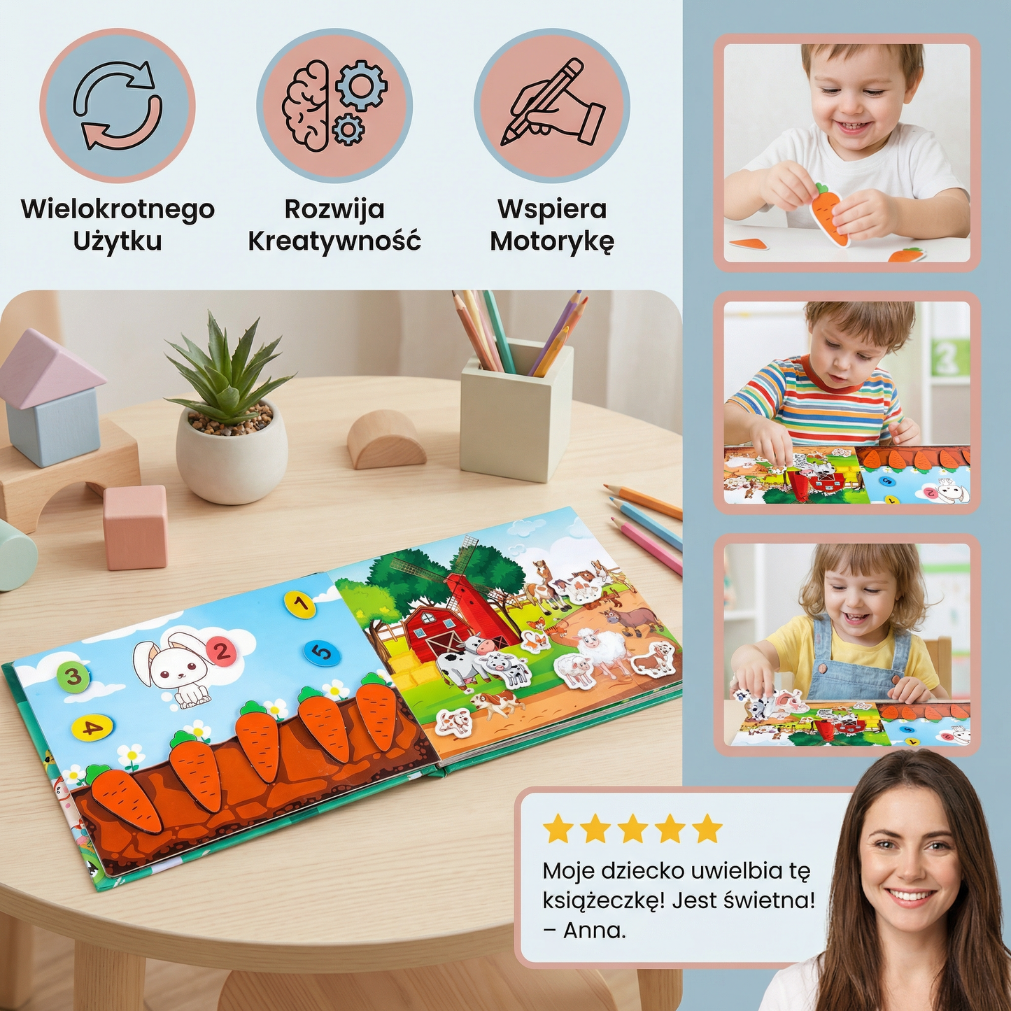 Książka ze stickerami Montessori dla dzieci – wielokrotnego użytku książka edukacyjna i aktywizująca