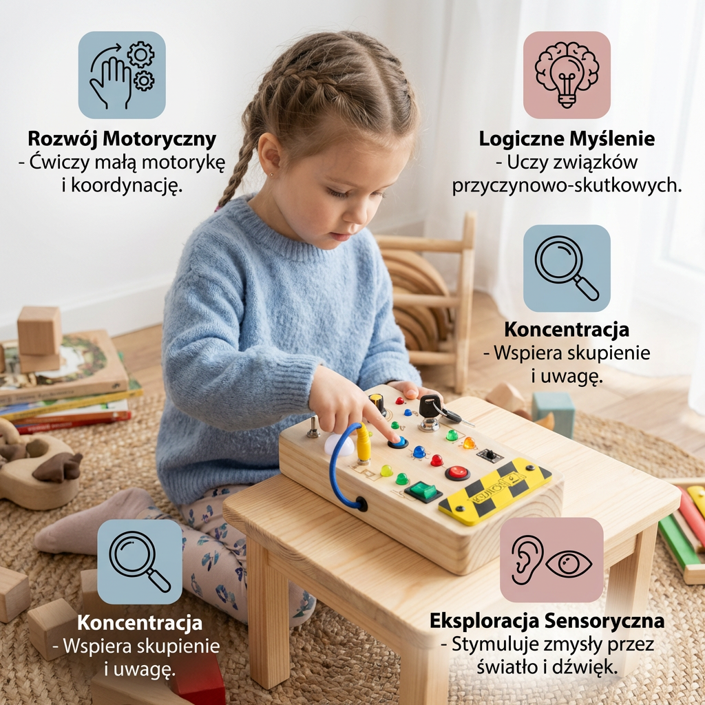 Montessori tablica sensoryczna z drewna z światłem i przełącznikami – zabawka rozwijająca motorykę dla dzieci