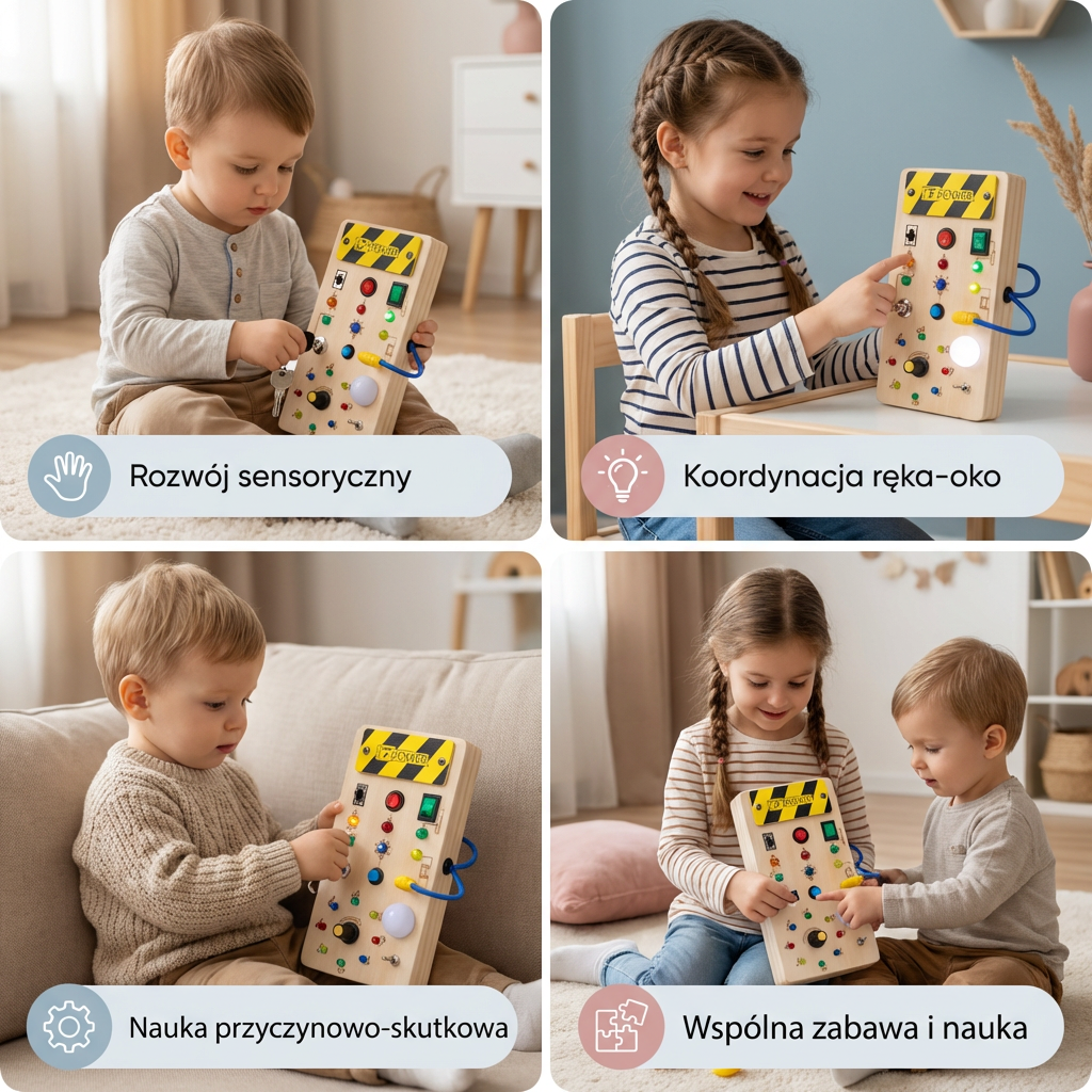 Montessori tablica sensoryczna z drewna z światłem i przełącznikami – zabawka rozwijająca motorykę dla dzieci