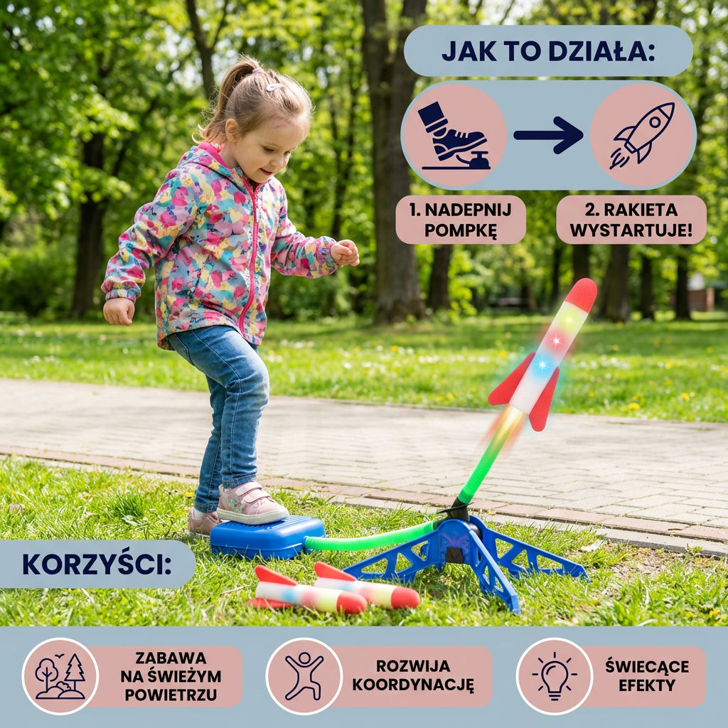 Dziecięca wyrzutnia rakiet z pompką nożną – świecąca zabawka pneumatyczna do zabawy na świeżym powietrzu