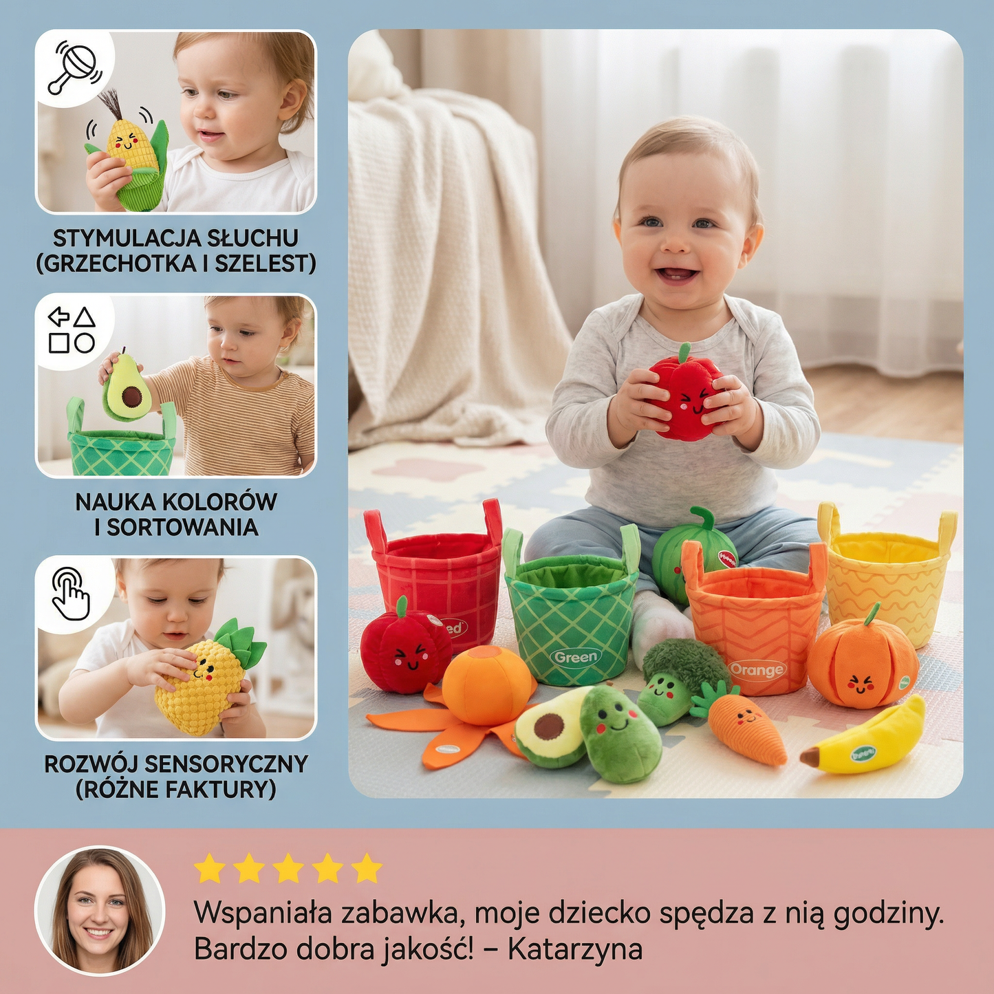 Miękka zabawka edukacyjna owoce i warzywa dla niemowląt – 4-pak zestaw do sortowania kolorów z grzechotką i efektem szeleszczenia
