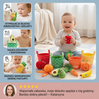 Miękka zabawka edukacyjna owoce i warzywa dla niemowląt – 4-pak zestaw do sortowania kolorów z grzechotką i efektem szeleszczenia