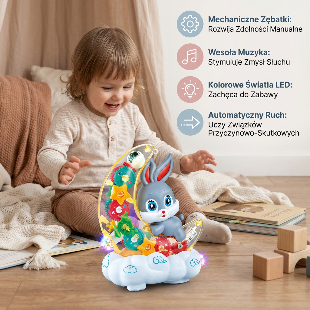 Świecąca Zabawka Królik na Księżycu – Przezroczysta Konstrukcja z Zębatkami, Muzyką i Światłami LED