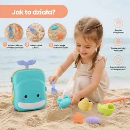 Walizka z zabawkami plażowymi dla dzieci z narzędziami piaskowymi i klepsydrą