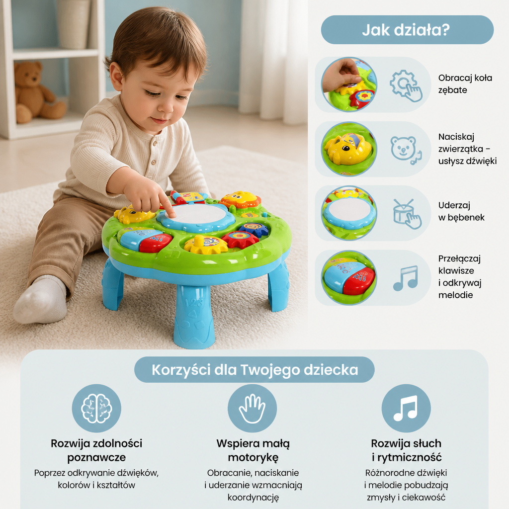 Dziecięcy Stół Aktywności Muzycznej z Bębnem, Zębatkami i Dźwiękami Zwierząt