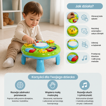 Dziecięcy Stół Aktywności Muzycznej z Bębnem, Zębatkami i Dźwiękami Zwierząt