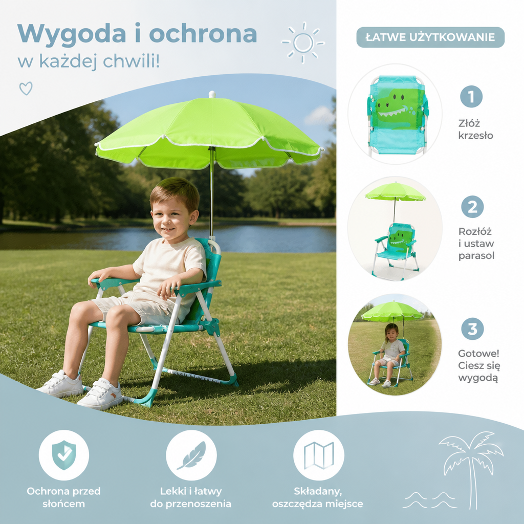 Składany Dziecięcy Fotel Plażowy z Parasolem i Wzorem Dinozaura