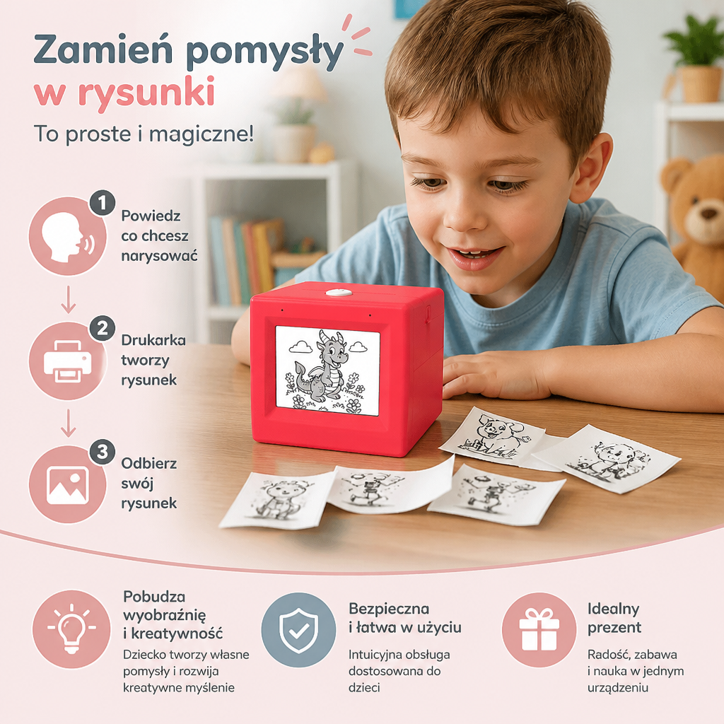 Magiczne AI Pudełko Drukujące dla Dzieci z Sterowaniem Głosowym – Przenośna Kreatywna Drukarka do Rysunków i Pomysłów