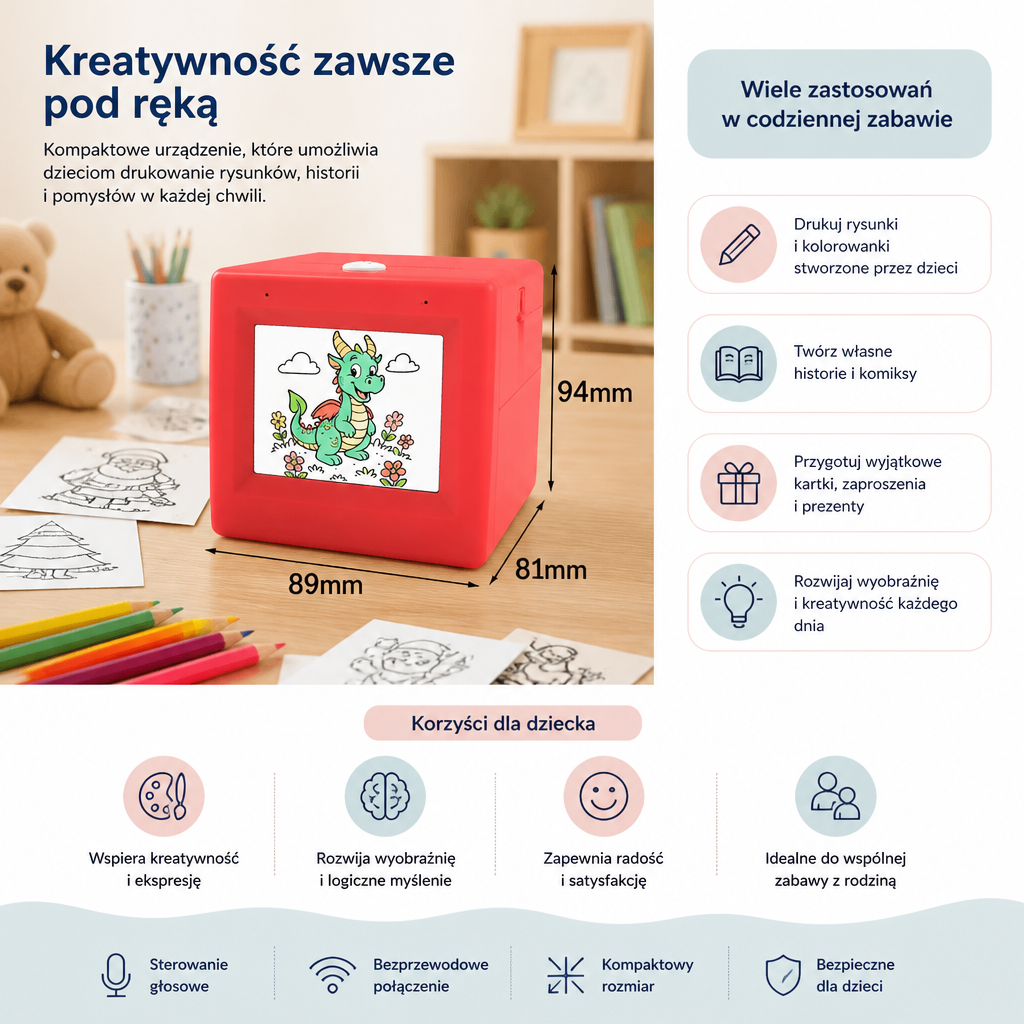 Magiczne AI Pudełko Drukujące dla Dzieci z Sterowaniem Głosowym – Przenośna Kreatywna Drukarka do Rysunków i Pomysłów