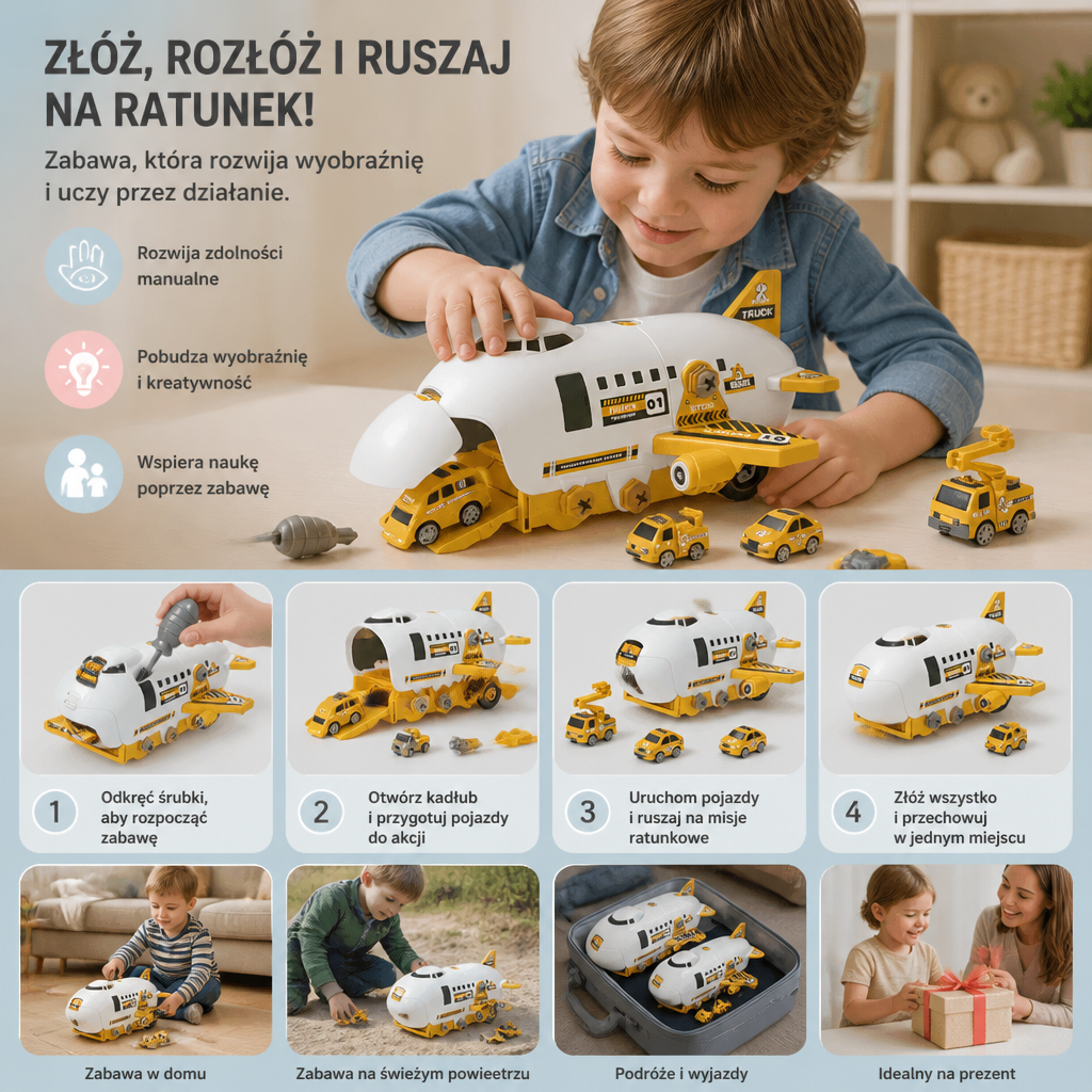 Samolot Transportowy DIY z Zestawem Pojazdów Budowlanych