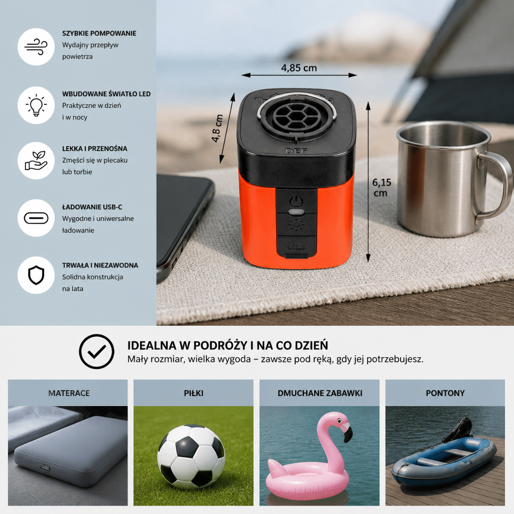 Przenośna Mini Pompka Elektryczna Z Lampką LED – Szybkie Pompowanie I Opróżnianie