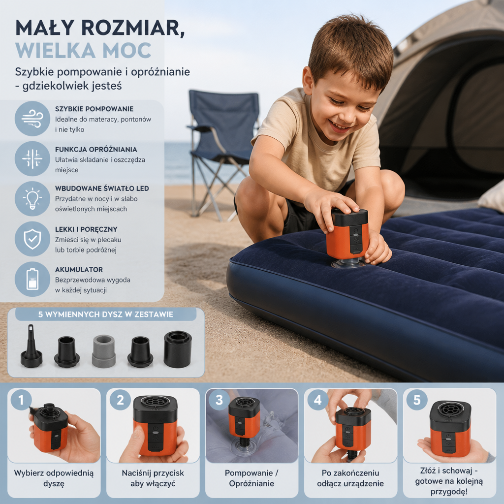 Przenośna Mini Pompka Elektryczna Z Lampką LED – Szybkie Pompowanie I Opróżnianie