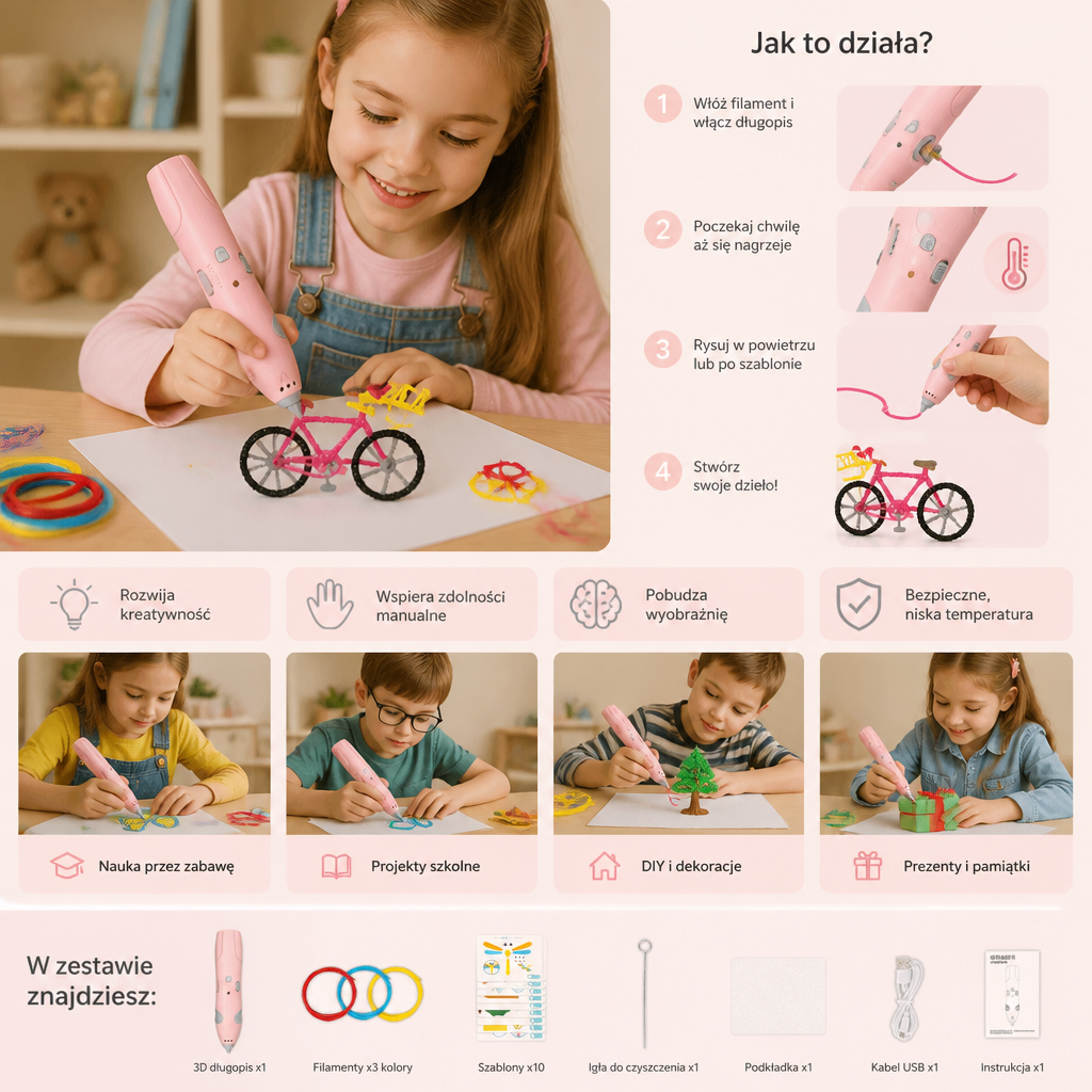 Niskotemperaturowy Zestaw Z Długopisem 3D Dla Dzieci – Bezpieczny Zestaw DIY Do Nauki STEM