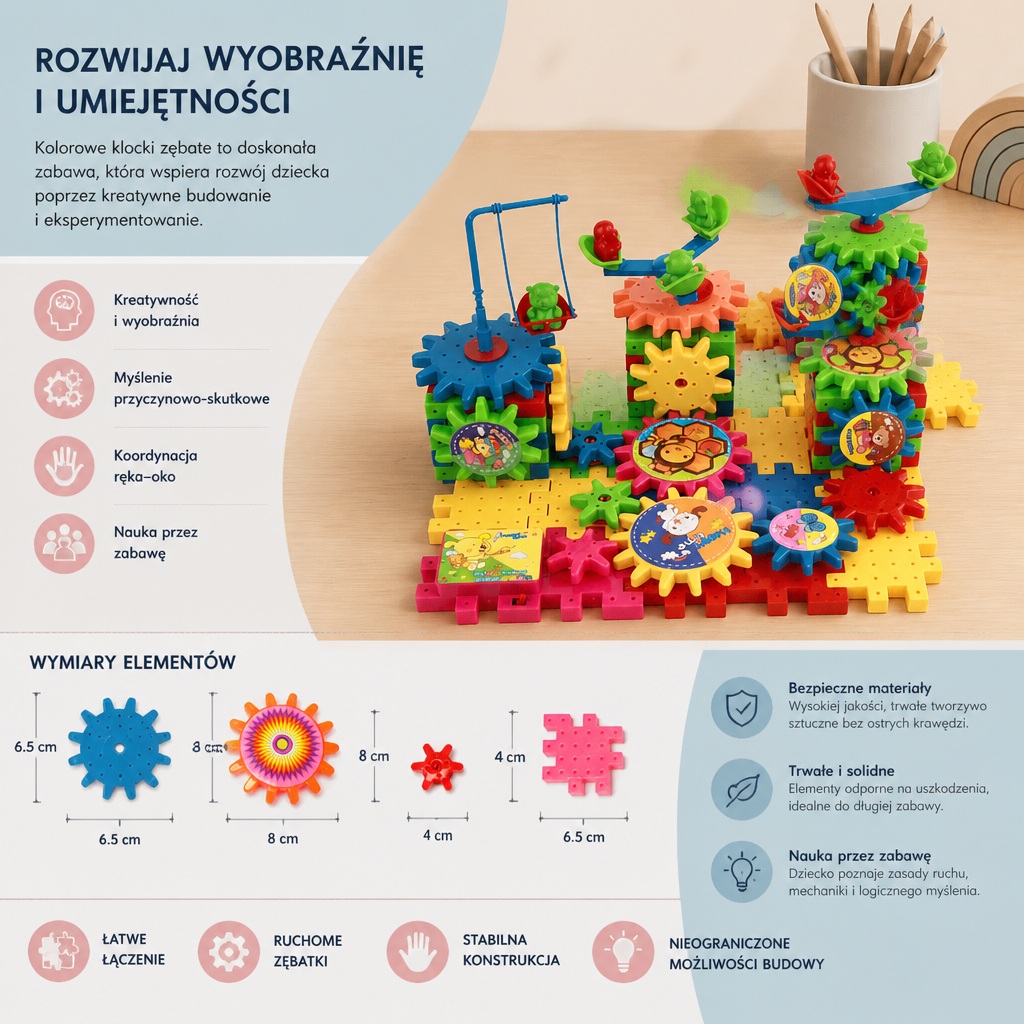 81-częściowy Zestaw STEM z Kołami Zębatymi – Zazębiające Się Klocki Konstrukcyjne dla Dzieci