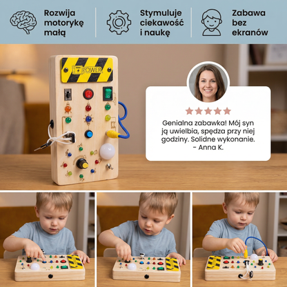 Montessori tablica sensoryczna z drewna z światłem i przełącznikami – zabawka rozwijająca motorykę dla dzieci