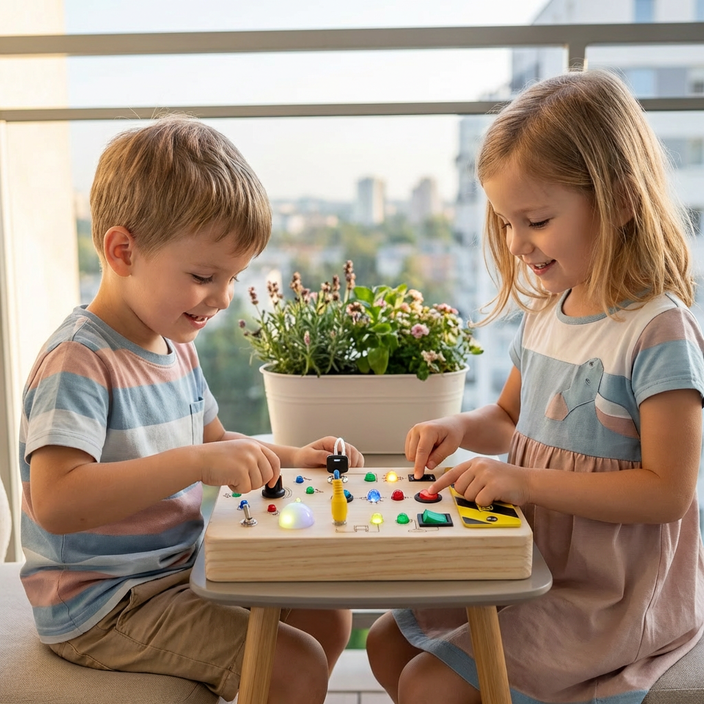 Montessori tablica sensoryczna z drewna z światłem i przełącznikami – zabawka rozwijająca motorykę dla dzieci