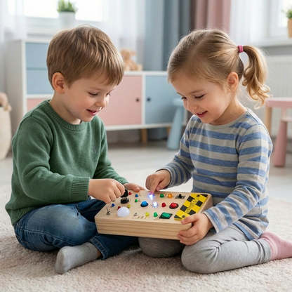 Montessori tablica sensoryczna z drewna z światłem i przełącznikami – zabawka rozwijająca motorykę dla dzieci