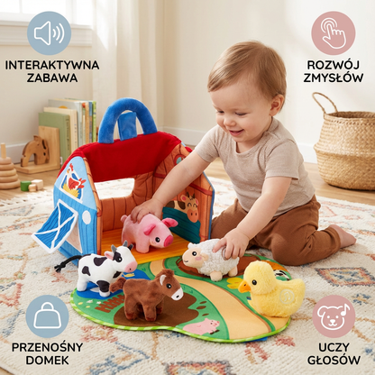 Zestaw Pluszowych Zwierząt z Farmy – Interaktywna Zabawka Edukacyjna z Przenośnym Domkiem do Zabawy