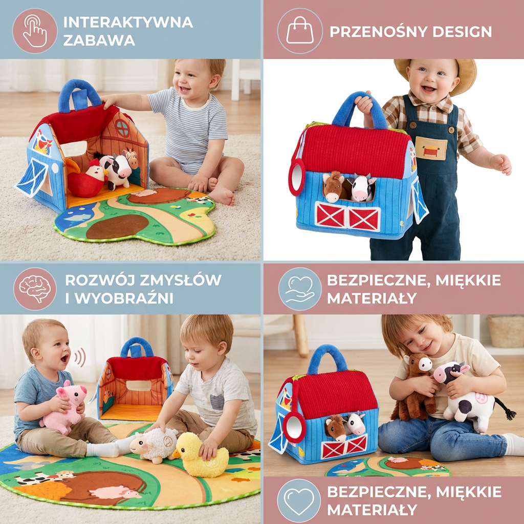 Zestaw Pluszowych Zwierząt z Farmy – Interaktywna Zabawka Edukacyjna z Przenośnym Domkiem do Zabawy