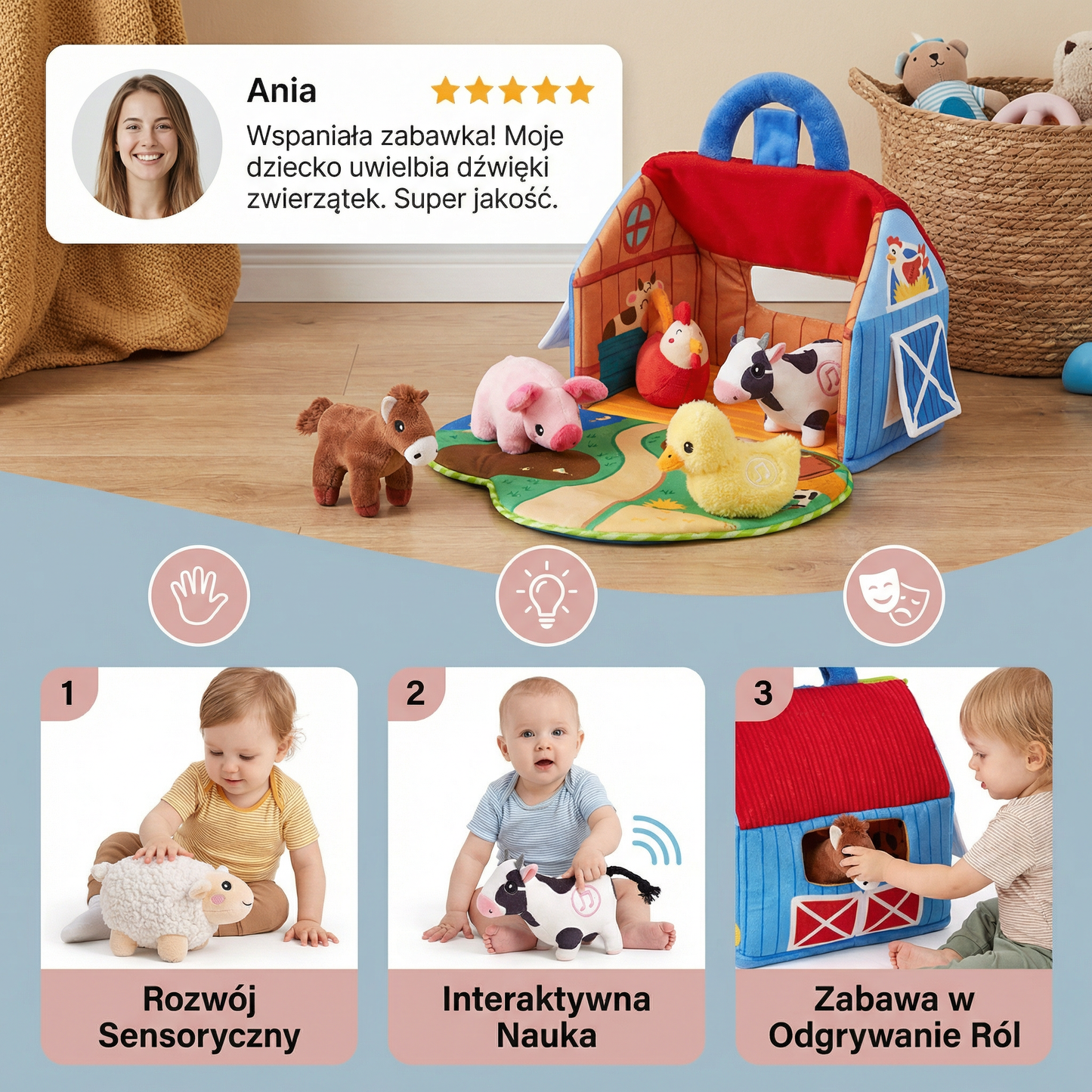 Zestaw Pluszowych Zwierząt z Farmy – Interaktywna Zabawka Edukacyjna z Przenośnym Domkiem do Zabawy