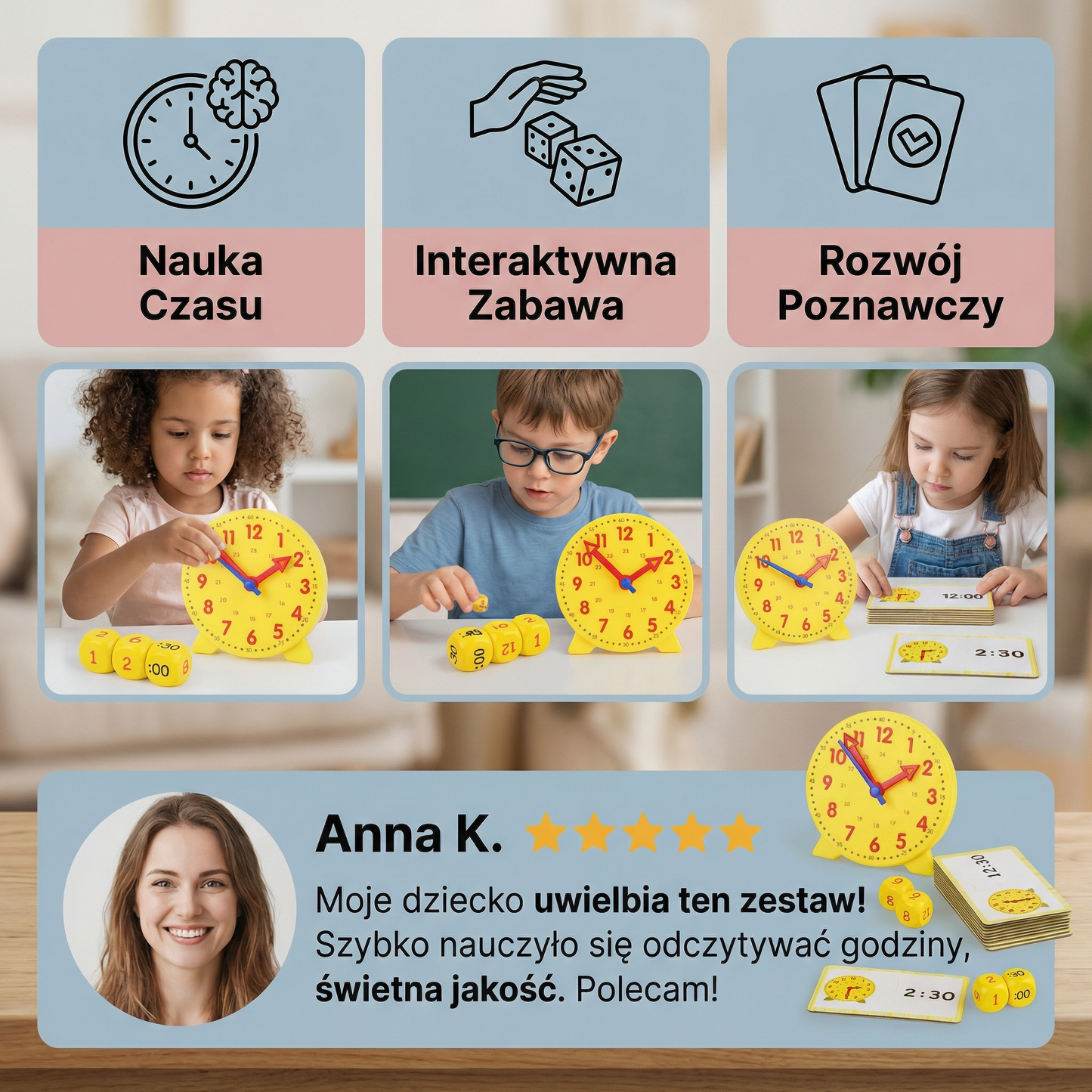 Zegar Edukacyjny dla Dzieci – Interaktywna Gra do Nauki Godzin z Kartami i Kostkami