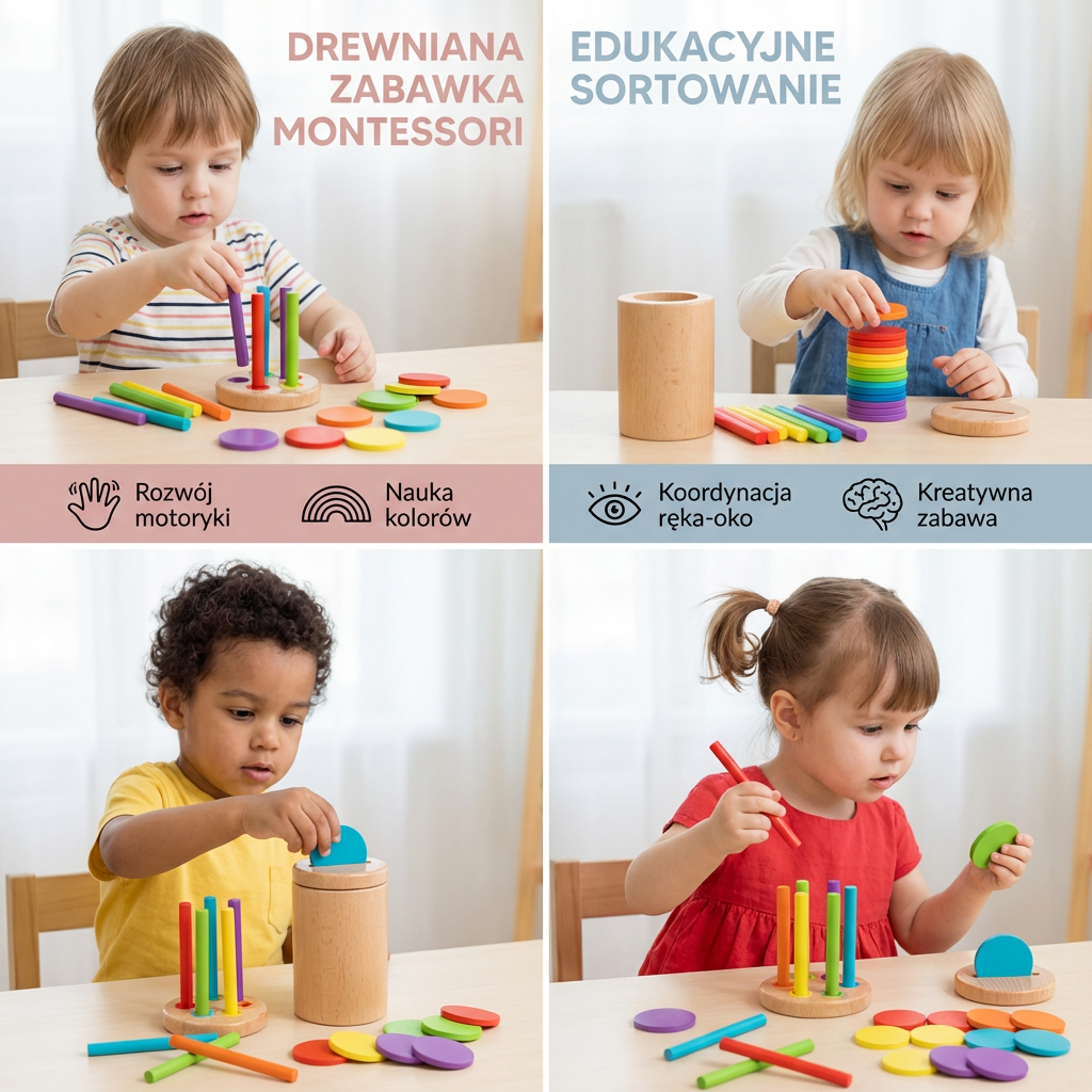 Montessori Drewniana Zabawka dla Dzieci – Gra Edukacyjna do Sortowania Kolorów i Kształtów