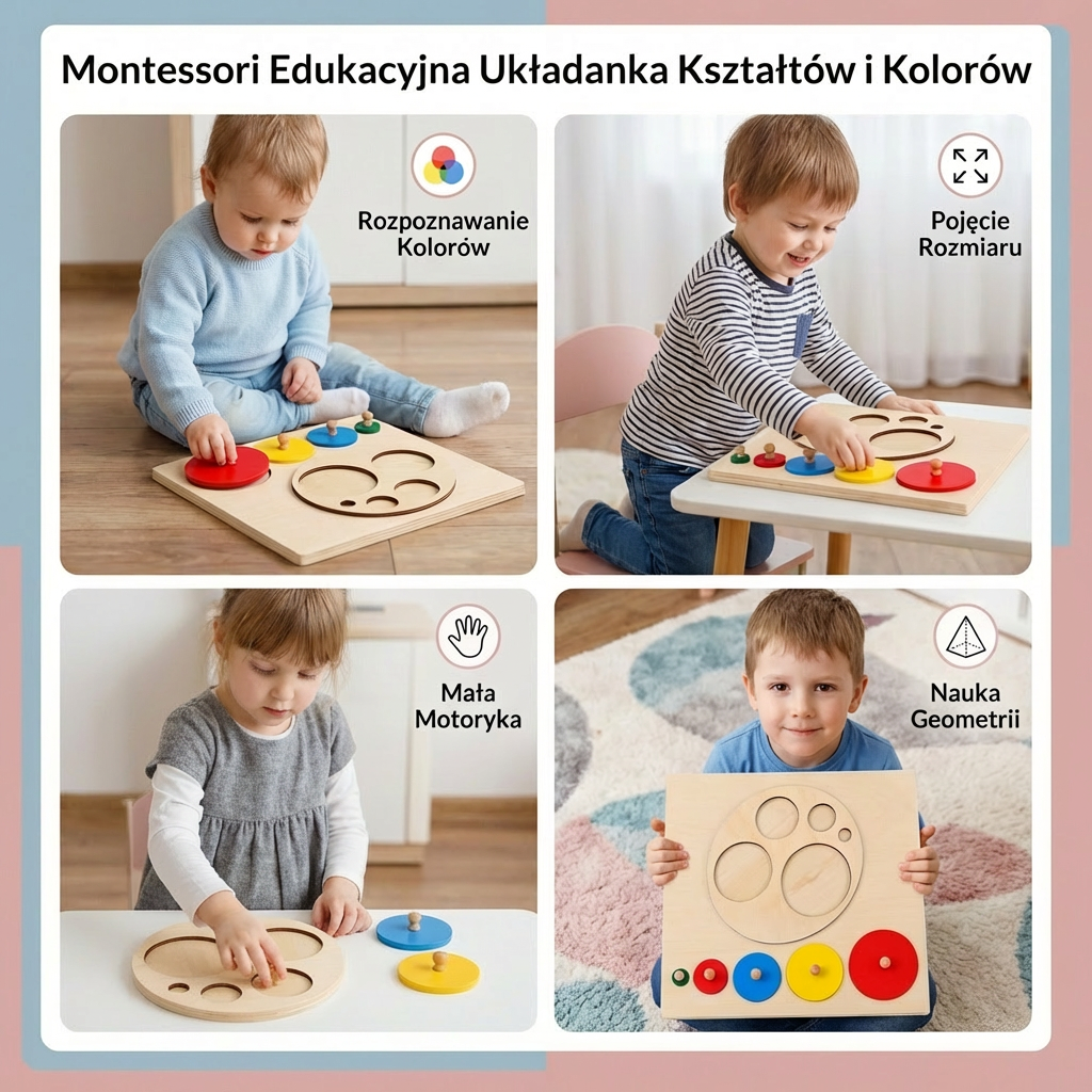 Montessori Drewniana Układanka z Kształtami – Edukacyjna Zabawka do Sortowania Geometrii i Kolorów dla Dzieci