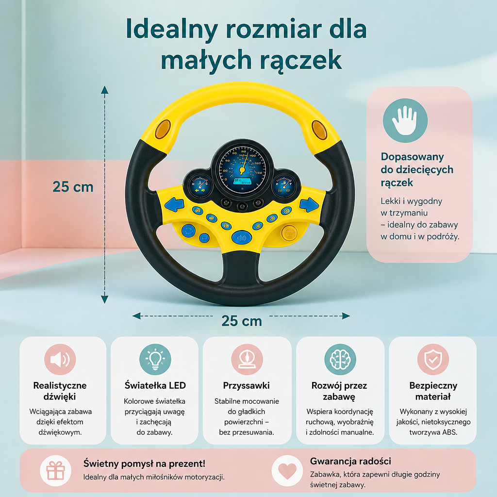 Zabawka Kierownica dla Dzieci – Kopilot z Przyssawką, Światłami i Dźwiękami