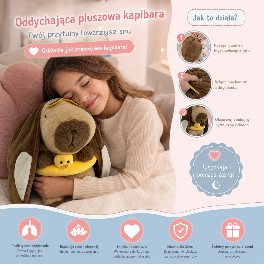 Oddychająca pluszowa kapibara – miękka i przytulna zabawka do snu