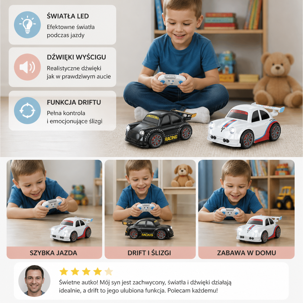 Samochód RC Wyścigowy Z Funkcją Driftu Dla Dzieci – Sterowany Pilotem Z Czujnikami Światła I Dźwiękiem