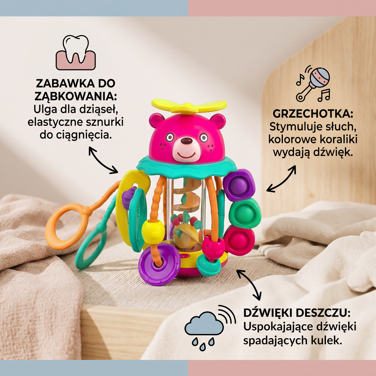 3-w-1 Multisensoryczna Zabawka do Ząbkowania ze Sznurkami do Ciągnięcia, Grzechotką i Dźwiękami Deszczu dla Niemowląt