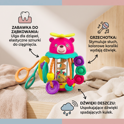 3-w-1 Multisensoryczna Zabawka do Ząbkowania ze Sznurkami do Ciągnięcia, Grzechotką i Dźwiękami Deszczu dla Niemowląt