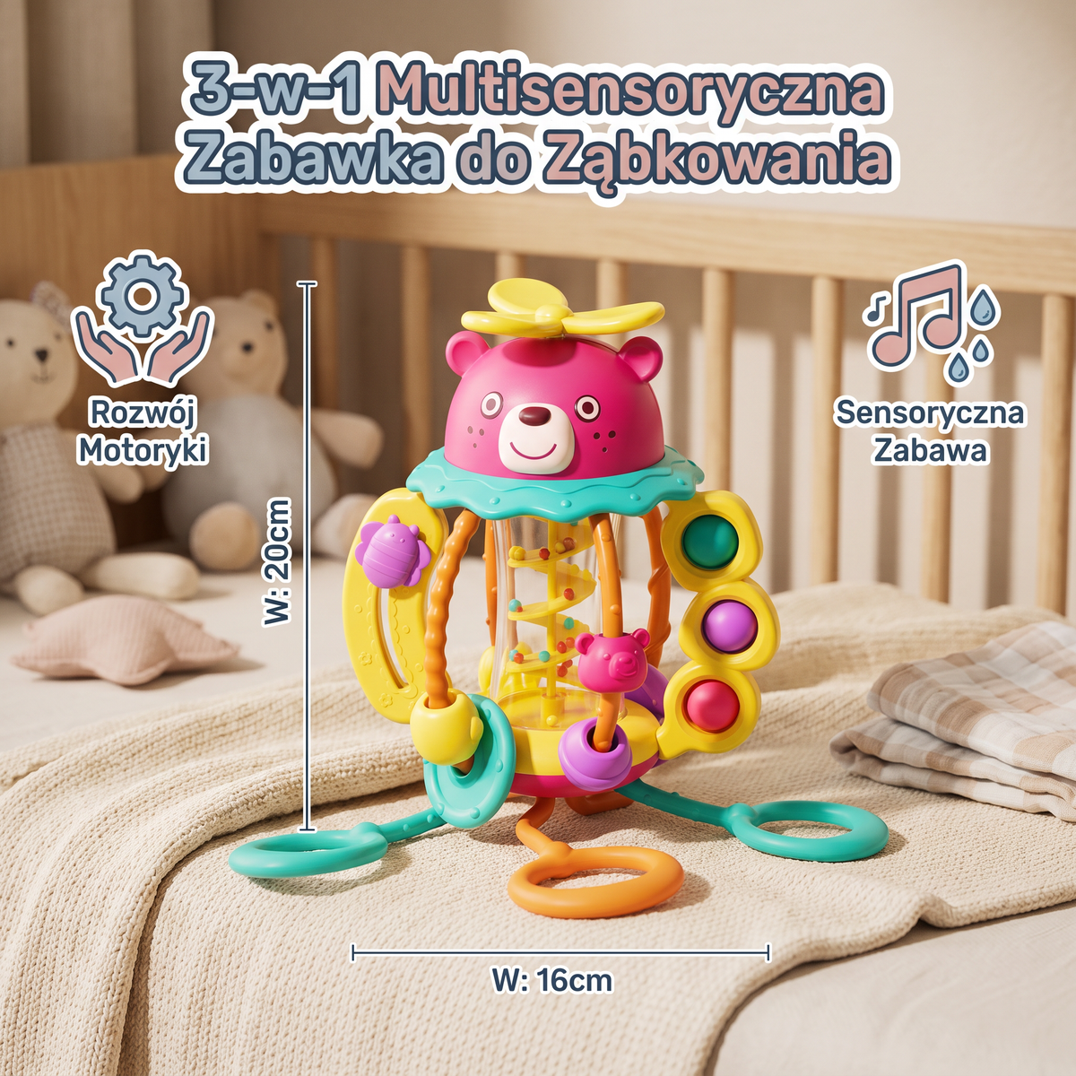 3-w-1 Multisensoryczna Zabawka do Ząbkowania ze Sznurkami do Ciągnięcia, Grzechotką i Dźwiękami Deszczu dla Niemowląt