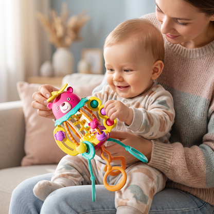 3-w-1 Multisensoryczna Zabawka do Ząbkowania ze Sznurkami do Ciągnięcia, Grzechotką i Dźwiękami Deszczu dla Niemowląt
