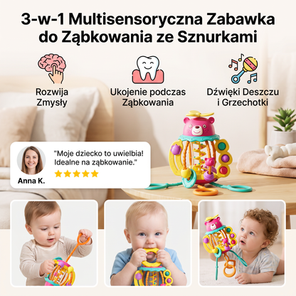 3-w-1 Multisensoryczna Zabawka do Ząbkowania ze Sznurkami do Ciągnięcia, Grzechotką i Dźwiękami Deszczu dla Niemowląt