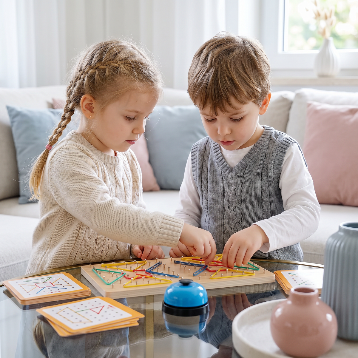 Montessori Drewniana Gra Geometryczna z Kolorowymi Gumkami do Rywalizacji