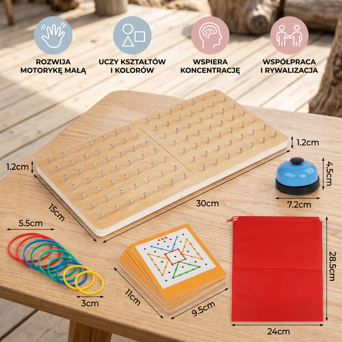 Montessori Drewniana Gra Geometryczna z Kolorowymi Gumkami do Rywalizacji