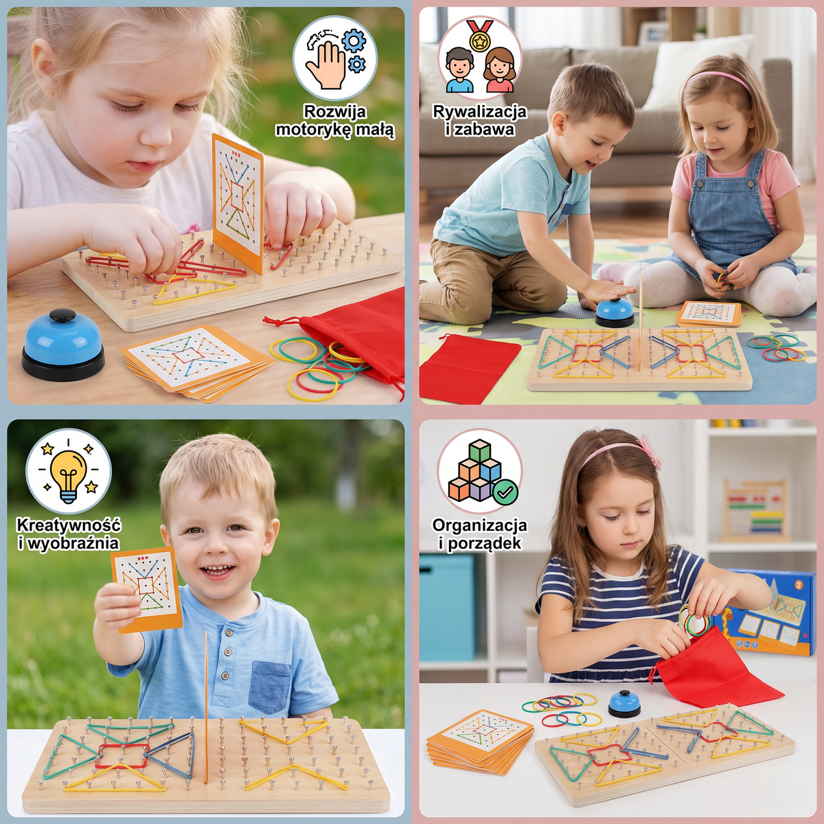 Montessori Drewniana Gra Geometryczna z Kolorowymi Gumkami do Rywalizacji