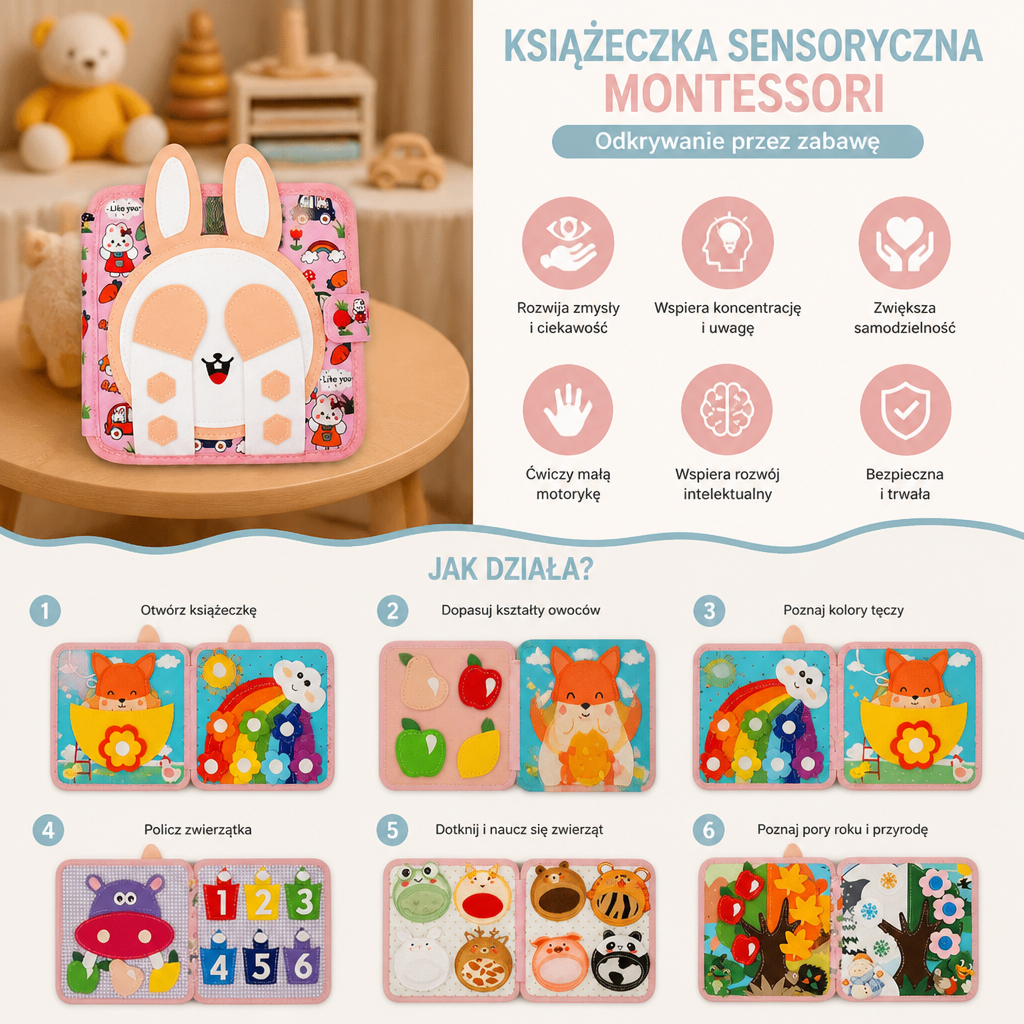 Sensoryczna książeczka aktywności Montessori „Dotknij i poczuj” dla małych dzieci