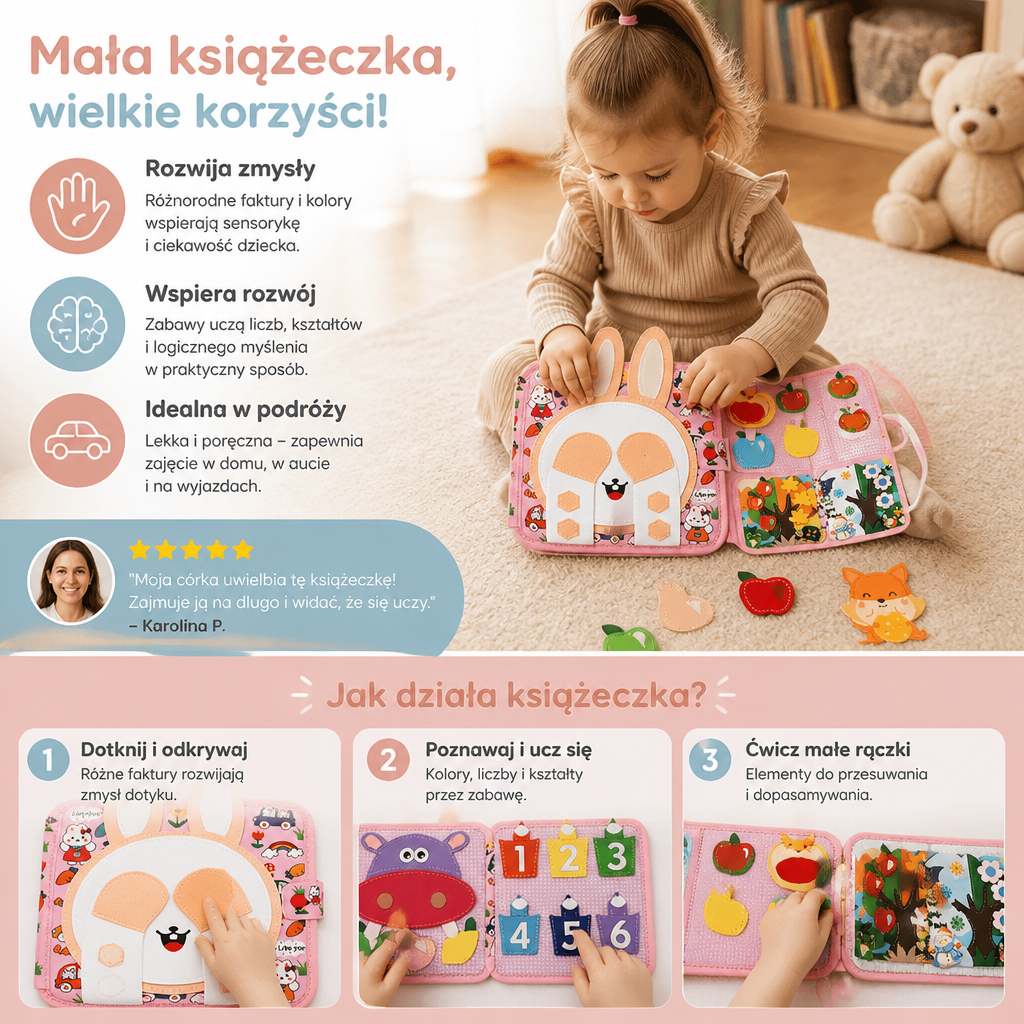 Sensoryczna książeczka aktywności Montessori „Dotknij i poczuj” dla małych dzieci