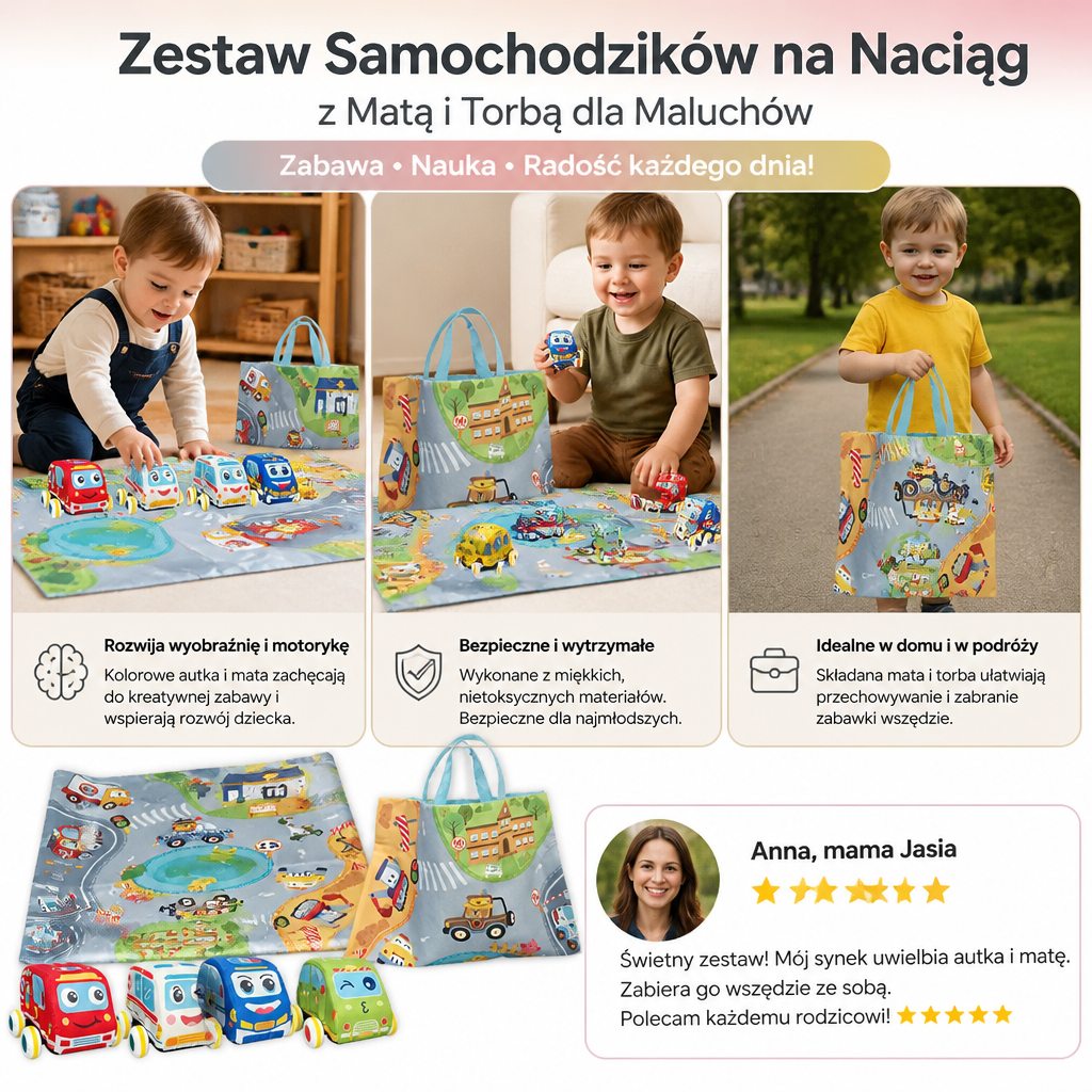 Zestaw Zabawek Samochodzików na Naciąg z Składaną Matą i Torbą dla Maluchów