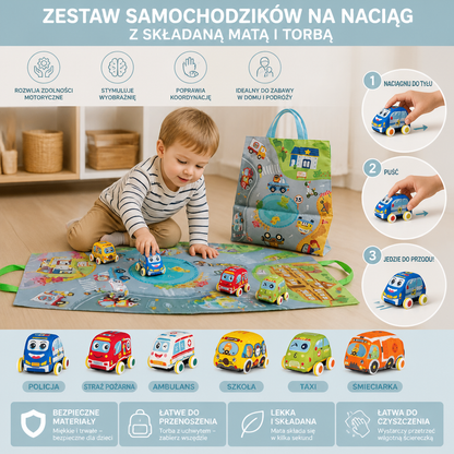 Zestaw Zabawek Samochodzików na Naciąg z Składaną Matą i Torbą dla Maluchów