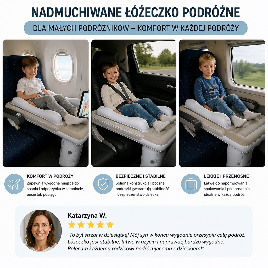 Nadmuchiwane łóżeczko podróżne dla malucha z przedłużeniem siedziska do samolotów i samochodów