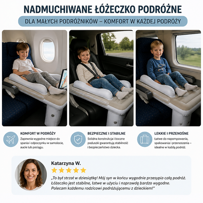 Nadmuchiwane łóżeczko podróżne dla malucha z przedłużeniem siedziska do samolotów i samochodów