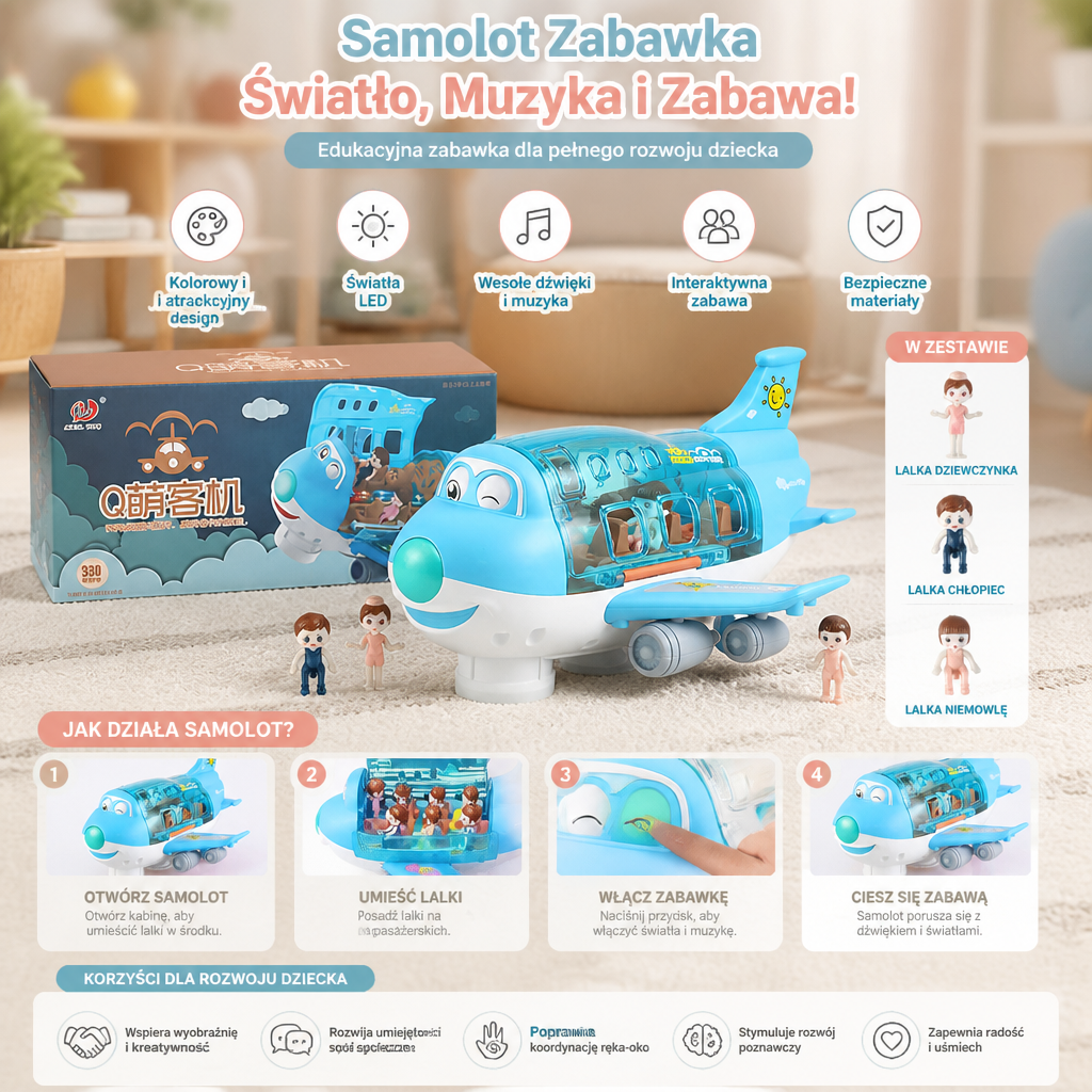 Jeżdżący samolot zabawkowy z światłami i muzyką