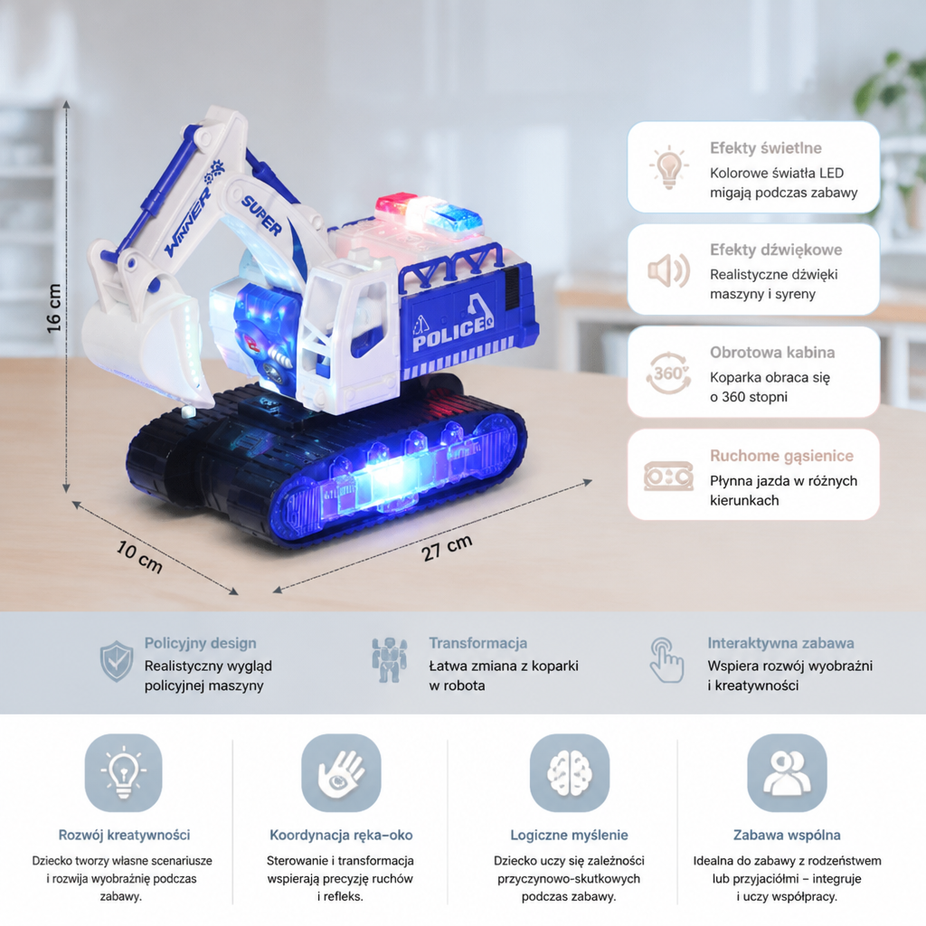 Policyjna koparka transformująca w robota – interaktywna zabawka ze światłem i dźwiękiem